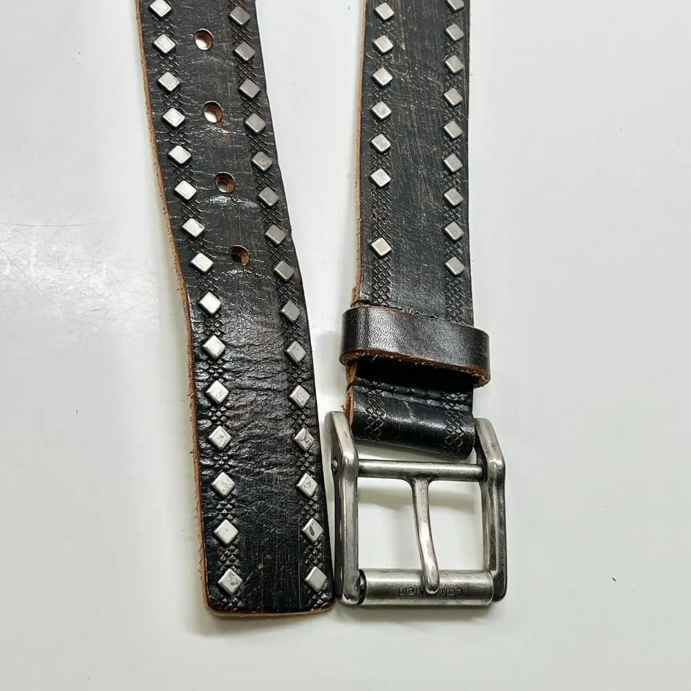 Vtg Calvin Klein Studded Brown Leather Distressed Womens Belt Size M L 34-38
